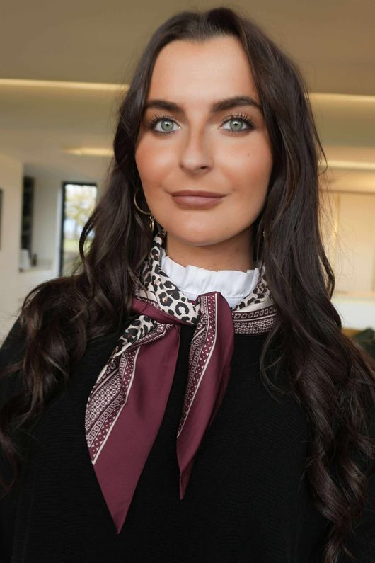 Leopard & Tile Border Triangle Silk Neckerchief Burgundy